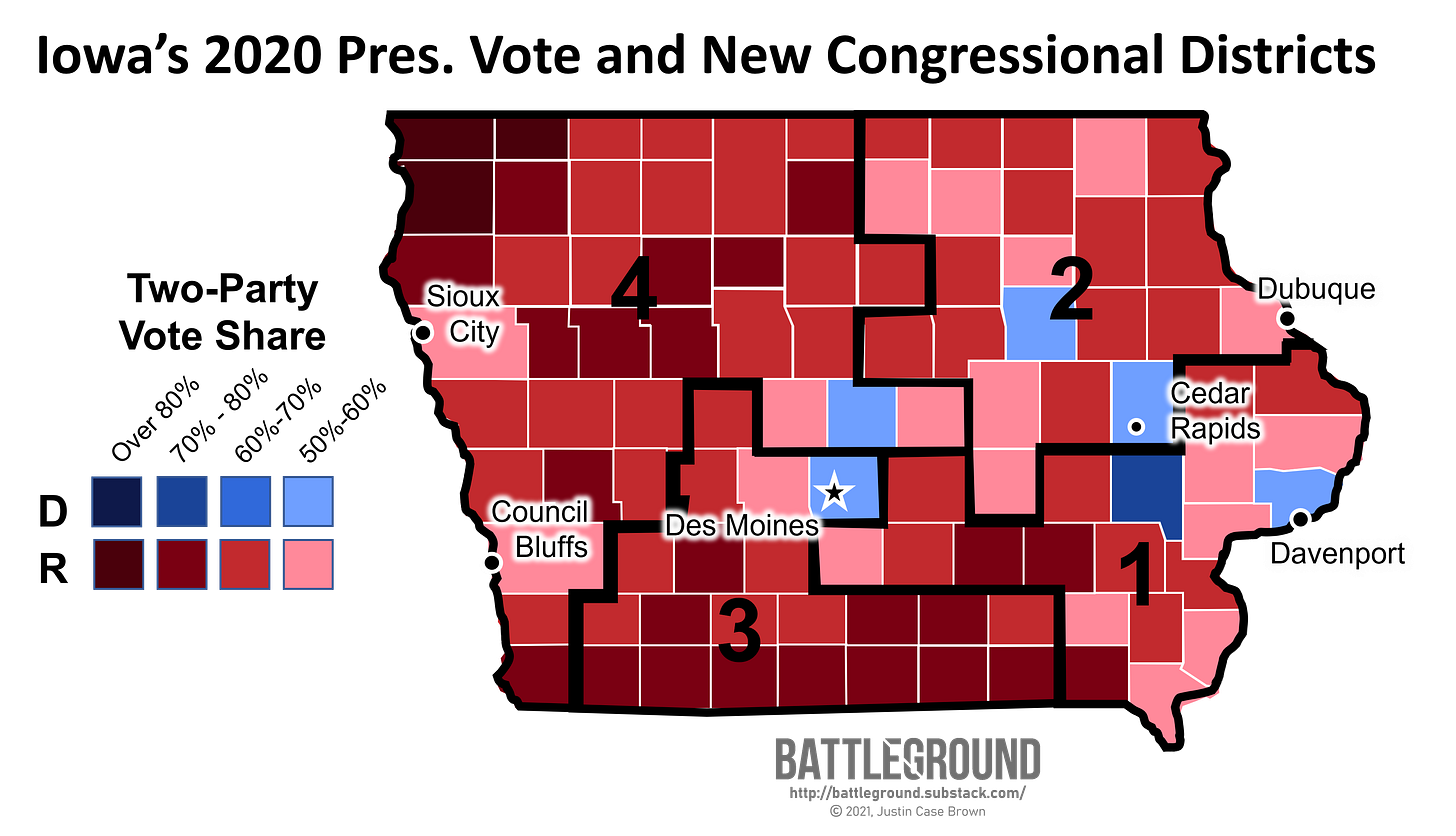 Iowa's 2020 Presidential Vote and New Congressional Districts