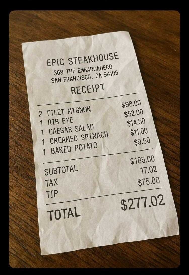 AI-generated restaurant receipt made with ChatGPT’s image generator, styled to resemble a real receipt from Epic Steakhouse in San Francisco. The layout, typeface, lighting, and physical texture are nearly indistinguishable from a photo of an authentic printed receipt.