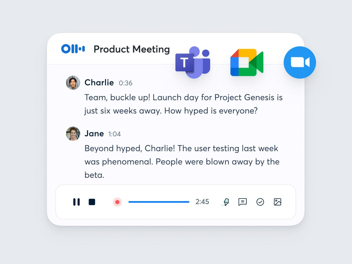 Otter.ai meeting transcription with logos representing integrations with MS Teams, Google Meet, and Zoom.