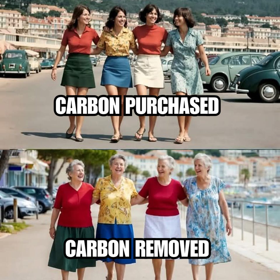 Two photos of the same four women walking arm in arm, first as young women labelled "Carbon purchased," then as elderly women labelled "Carbon removed."