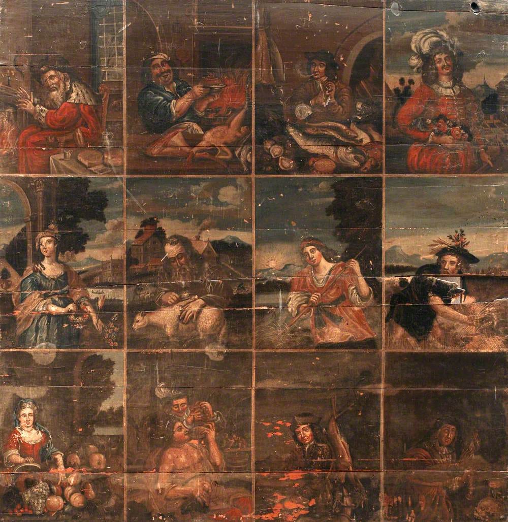 An old, weathered painting in twelve sections, kind of like a comic book, depicting the months of the year as people doing seasonal things like sitting by the fire in winter or holding flowers in the spring An old, weathered painting in twelve sections, kind of like a comic book, depicting the months of the year as people doing seasonal things like sitting by the fire in winter or holding flowers in the spring