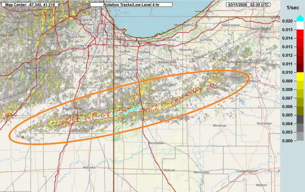 MRMS rotation tracks product showing track of tornadic storm that cross east central IL and northwest IN. 