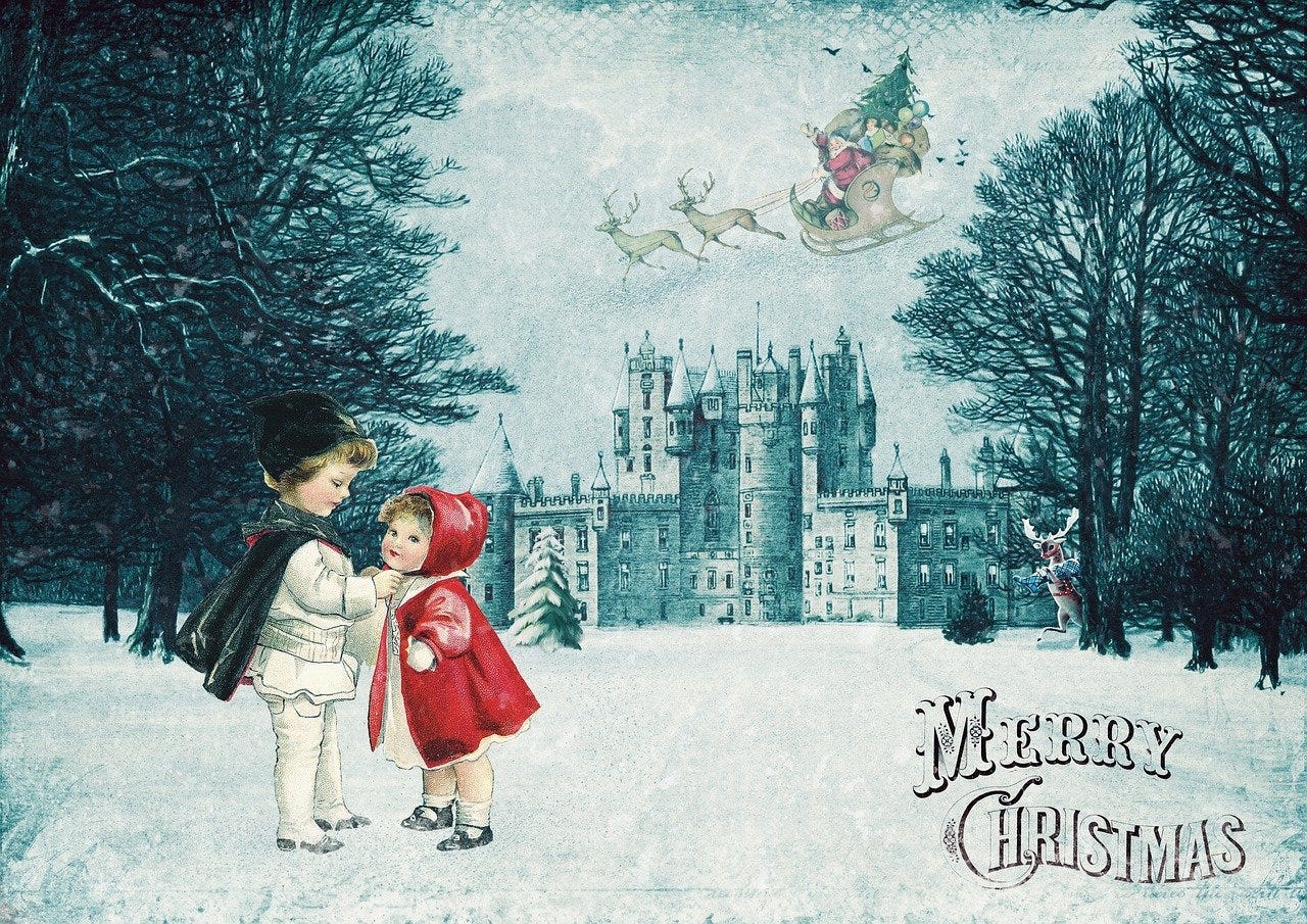Vintage color Christmas card with boy and girl in front of Santa Castle and his sleigh in the air. Did Dr. Seuss borrow the Grinch? Vintage color Christmas card with boy and girl in front of Santa Castle and his sleigh in the air. Did Dr. Seuss borrow the Grinch?
