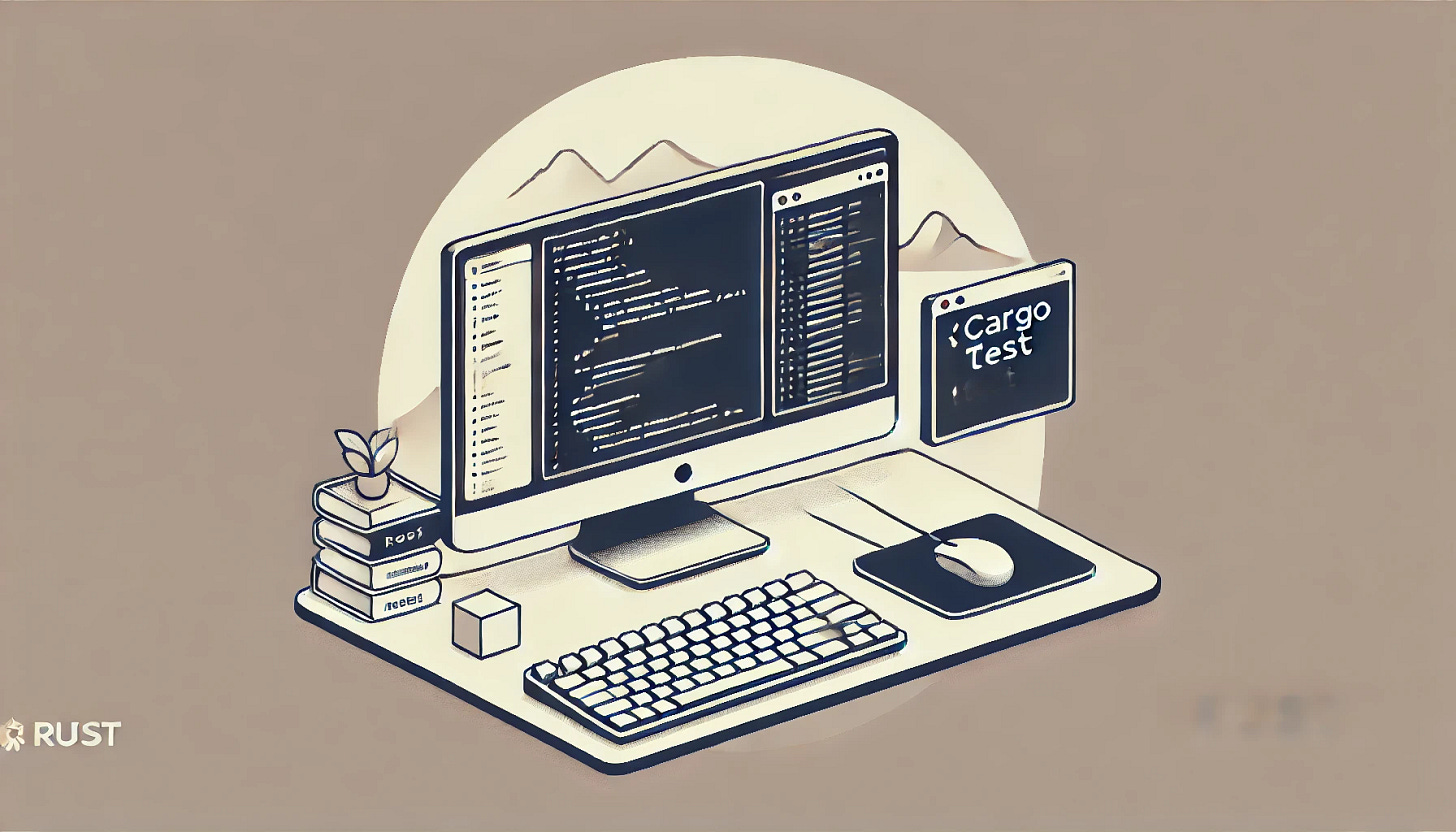 A minimalist illustration showing a clean desktop workspace with a monitor displaying snippets of Rust code on one side and a command-line terminal showing a successful `cargo test` output on the other. The design is clean and modern, with no background clutter, a simple solid color background, and an emphasis on simplicity and focus.