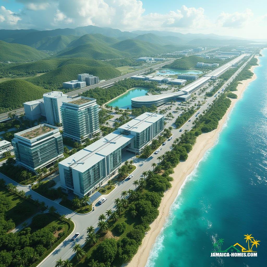 ultra-realistic aerial view, with a vibrant urban hub, modern glass and steel apartment towers in Caribbean colors, beside a futuristic transportation hub, lush tropical landscaping, palm-lined roads, and solar-powered streetlights, set against turquoise Caribbean Sea and green hills, in bright daylight, with cinematic photorealism, inspired by the styles of Syd Mead, Ash Thorp, and Simon Stalenhag.