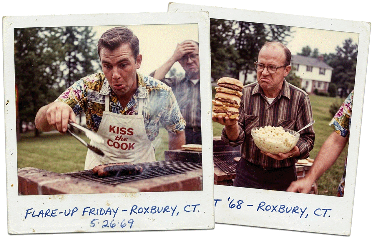 A vintage square Polaroid photo of a frowning man with glasses holding a towering stack of cheeseburgers.