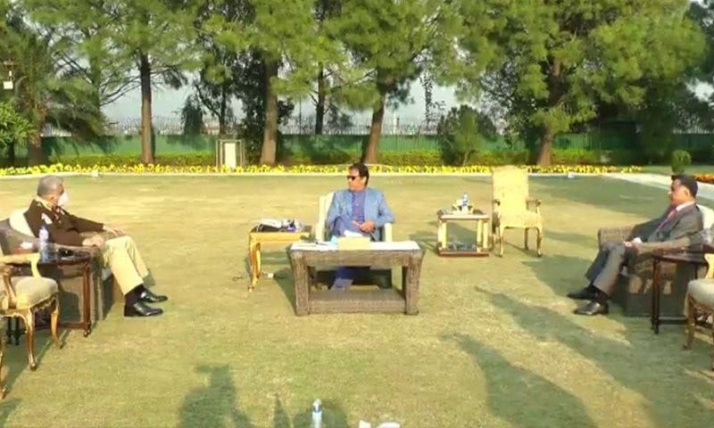 PM Imran Khan in a meeting with COAS Gen Qamar Javed Bajwa and ISI chief Faiz Hameed. — PMO screengrab