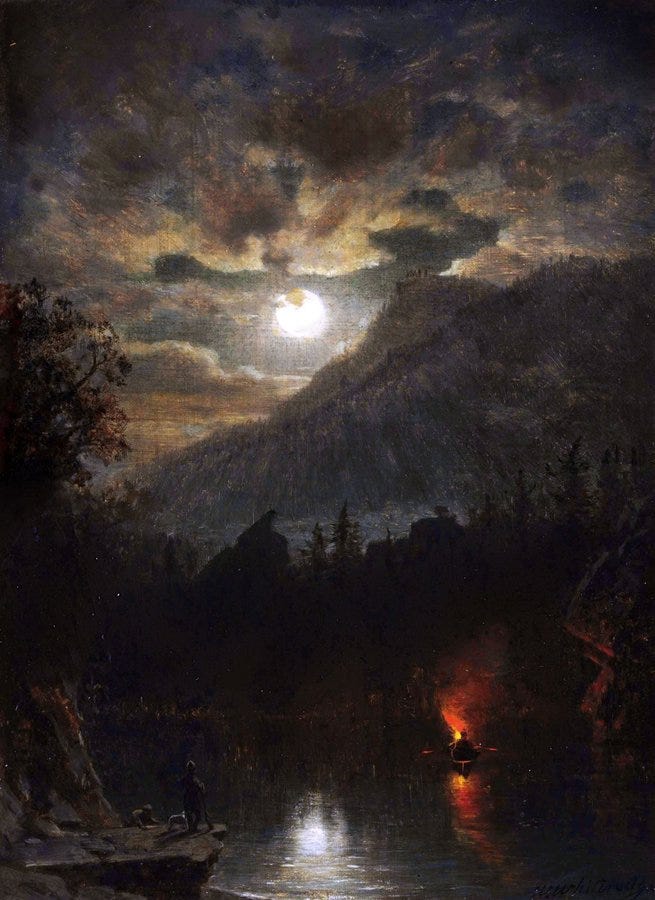 Boat crossing water with a burning lamp inside person waiting at destination dark sky with sinking sun 