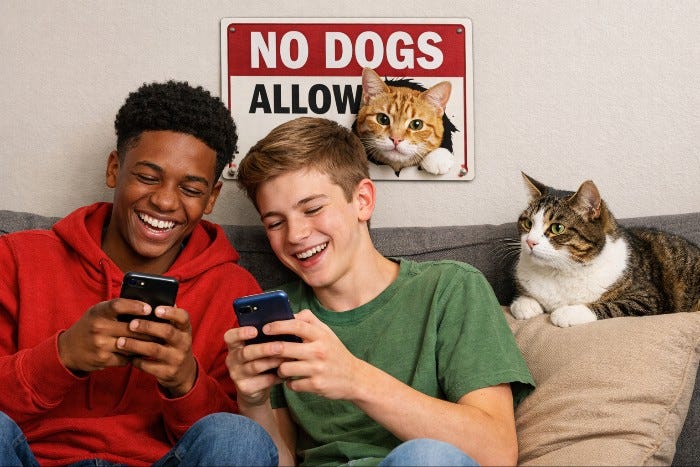 Two laughing teen boys type on their smartphones while a cat sits by, watching them.