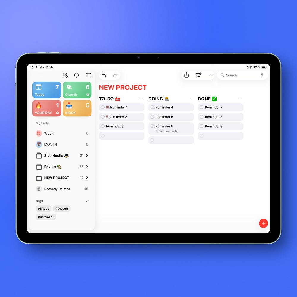 Apple Reminders Column View with task sections arranged as a Kanban board including To Do, Doing, and Done columns.
