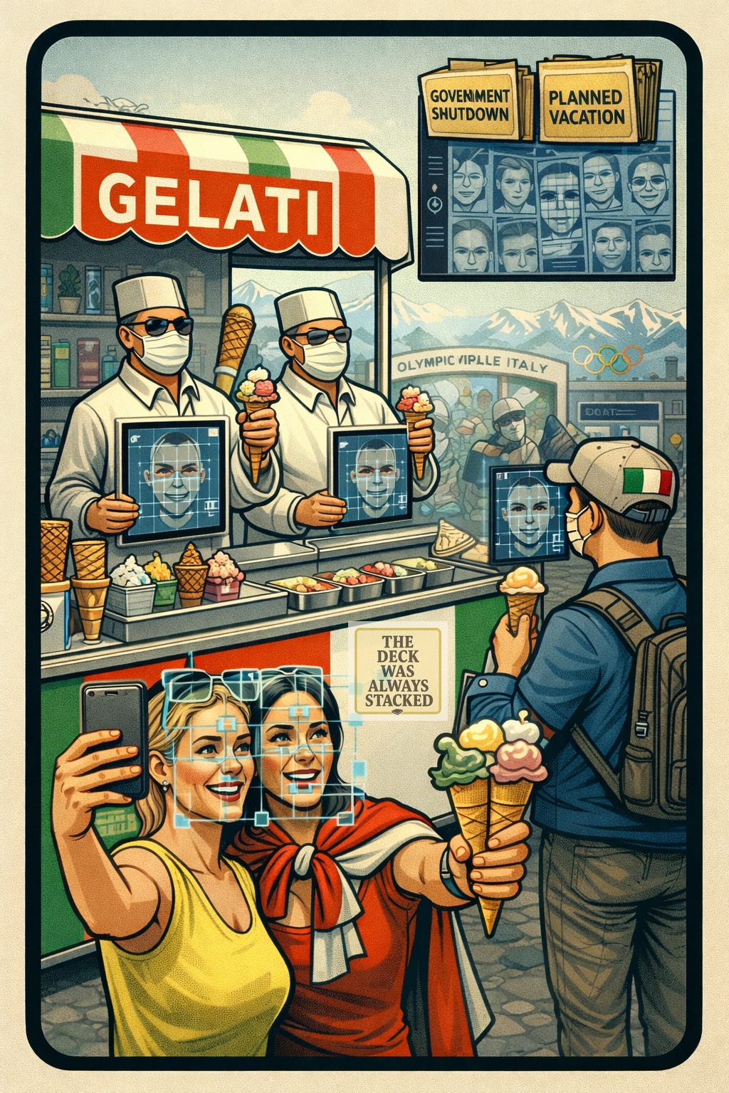 Beautiful, full-color, poster-style image: A fictitious Olympic Village showing facial recognition in all the vendors, built into their computers with a little grid on it. It's just a little Poké Dice. Beautiful, full-color, poster-style image: A fictitious Olympic Village showing facial recognition in all the vendors, built into their computers with a little grid on it. It's just a little Poké Dice.