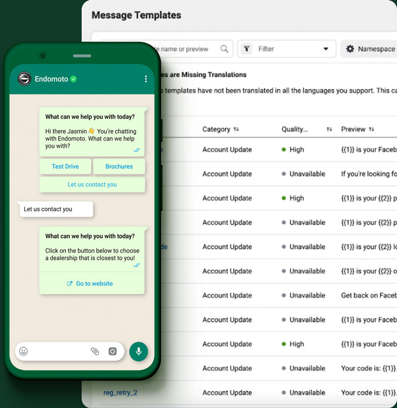 WhatsApp Messaging on Phone and Message Templates screenshot