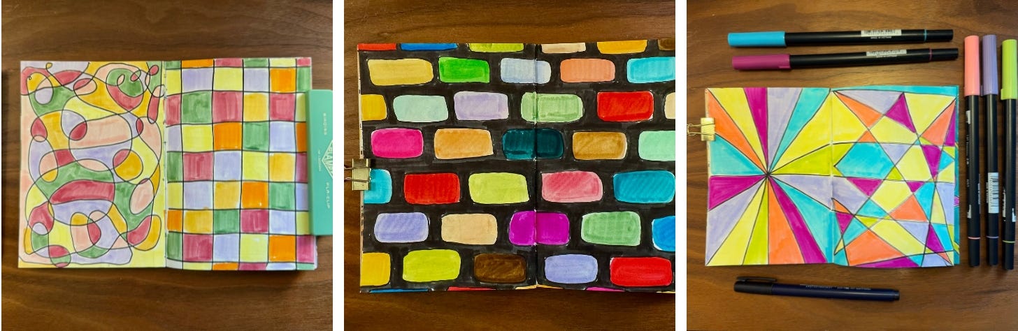 Three sketchbook drawings showing line art with vibrant colors