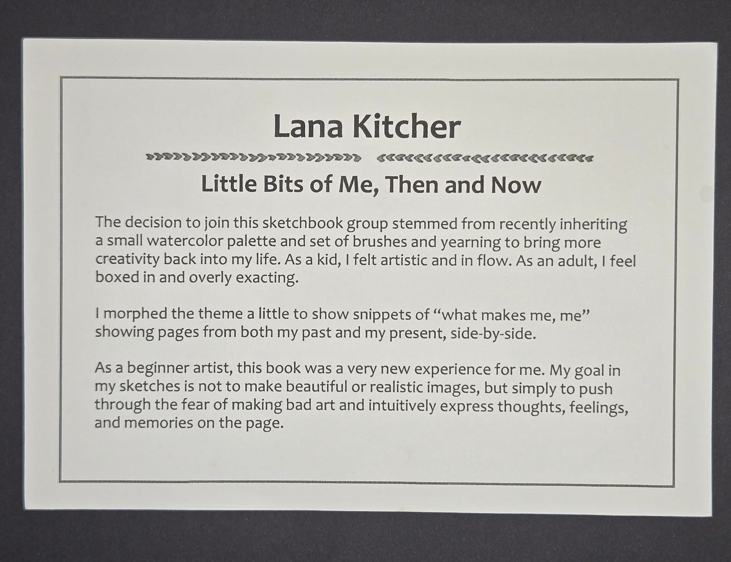 Introductory artist statement page titled “Little Bits of Me, Then and Now” by Lana Kitcher, explaining her creative journey with watercolor sketchbooks.