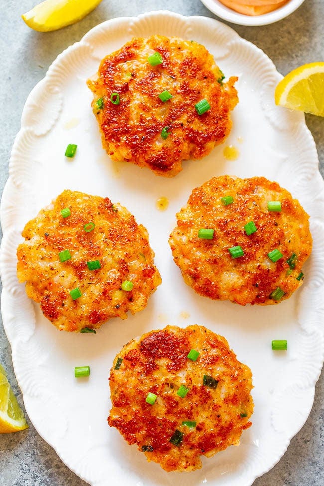 Overhead shot of easy shrimp cakes on a plate Overhead shot of easy shrimp cakes on a plate