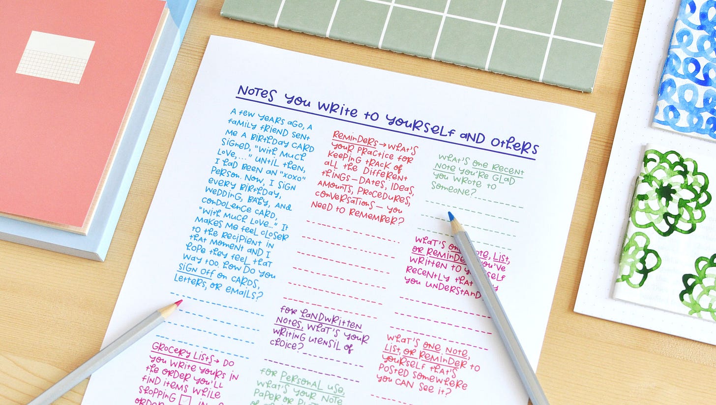 A colourful, handwritten journal page about the different kinds of notes we write to each other and ourselves. Shown with colourful journals and pencils.