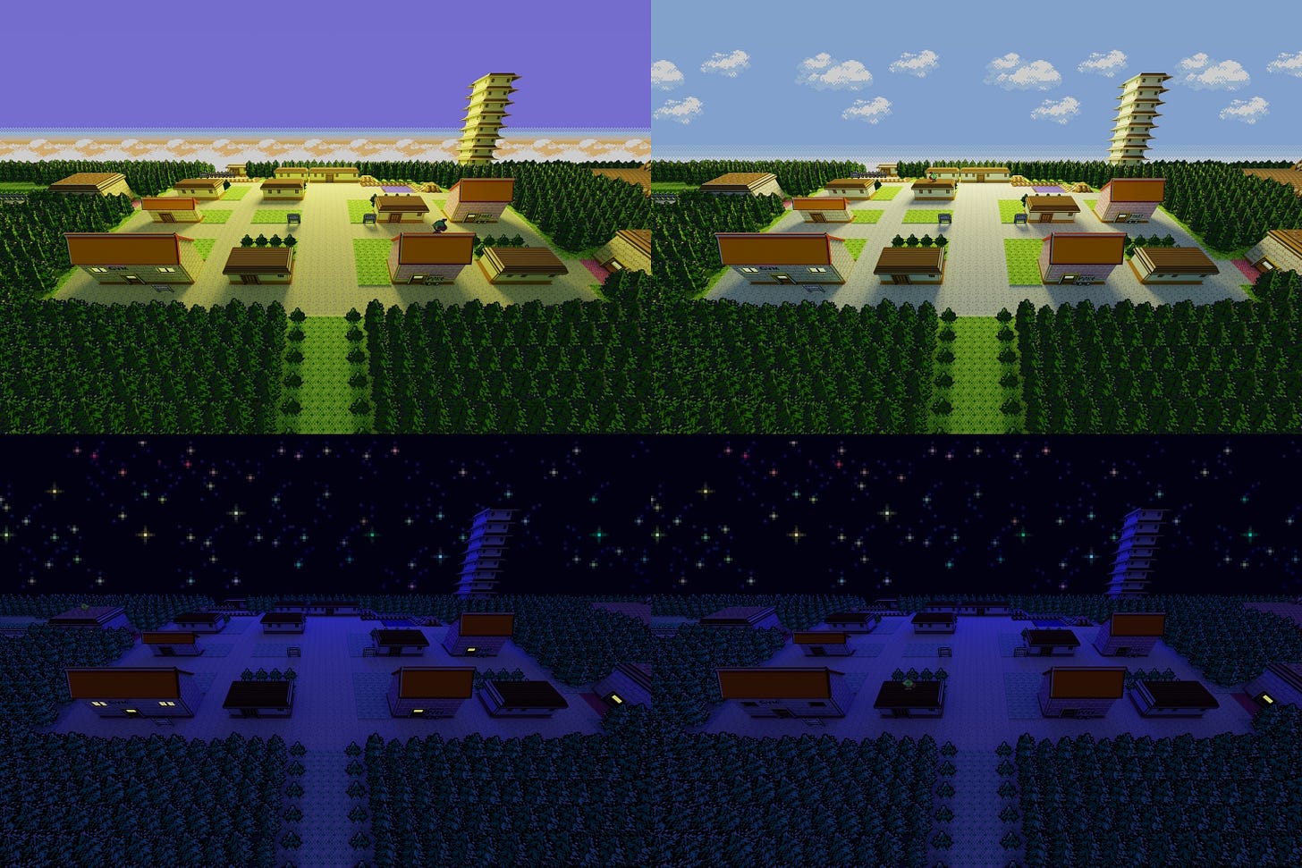 Each of the banners, displaying a different scene (Morning, Day, Night, Late Night) which display depending on the visitor’s local time. We used the same day and night cycle as Pokémon Crystal Each of the banners, displaying a different scene (Morning, Day, Night, Late Night) which display depending on the visitor’s local time. We used the same day and night cycle as Pokémon Crystal
