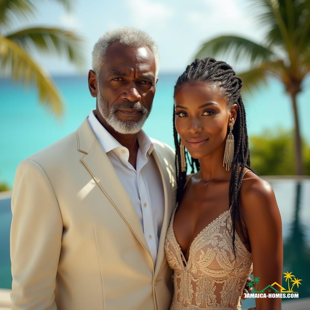 A stately elderly couple, radiating refinement and poise, stands proudly before their sleek, modern beachfront villa, The Pinnacle of Life, in Montego Bay. The distinguished gentleman, with warm, sun-kissed skin and sharp, angular features, exudes an air of wisdom and life experience. His elegant attire, perfectly suited to the tropical setting, complements the refined beauty of the woman beside him. She, a stunning mixed-race beauty with porcelain-like skin and luscious, slightly graying dreadlocks cascading over her shoulders, embodies confidence and poise. Together, they command the frame, set against a breathtaking backdrop of turquoise ocean, swaying palm trees, and sophisticated villa architecture. Influenced by the cinematic styles of Roger Deakins, Emmanuel Lubezki, and Hoyte van Hoytema, this image features rich, cinematic lighting, subtle film grain, and a vignette, evoking the warmth and depth of 35mm film. Color graded to perfection, with a blend of natural and golden tones, this live-action still is a masterpiece of atmospheric, epic storytelling.