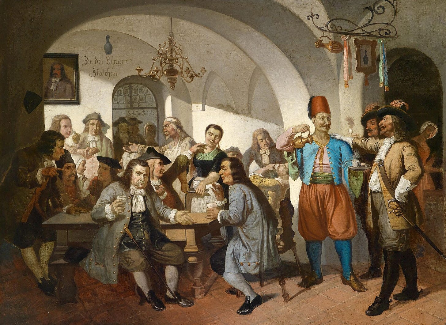 A painting showing an early modern coffee house. A painting showing an early modern coffee house.