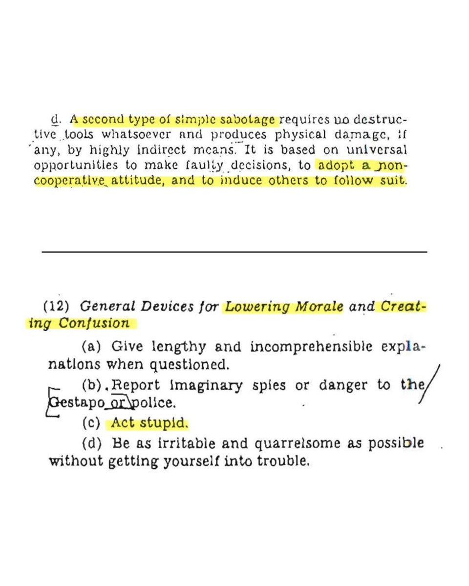 A scanned document page with text detailing workplace sabotage strategies. The text includes headings like "General Devices for Lowering Morale and Creating Confusion" and lists tactics such as acting stupid, spreading blame, and delaying orders.
