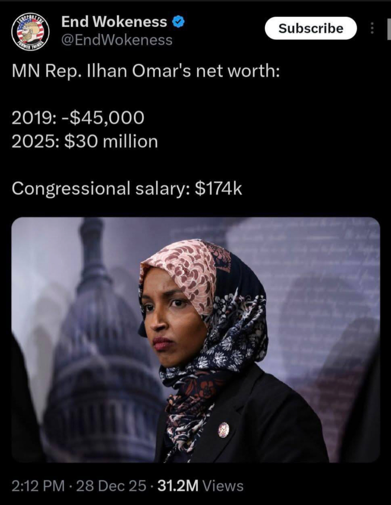 Una fotografía de la representante Ilhan Omar de Minnesota con texto sobre su patrimonio neto en 2019 y 2025, así como su salario como congresista.