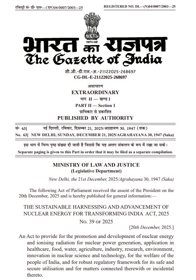 Gazette cover of the SHANTI Act, enacted in December 2025. The linked Act supplies the full text.