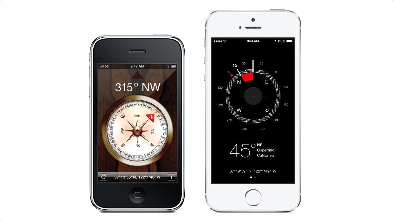 The compass app was one of the many drastic changes in UI from iOS 6 (left) to iOS 7 (right). The compass app was one of the many drastic changes in UI from iOS 6 (left) to iOS 7 (right).