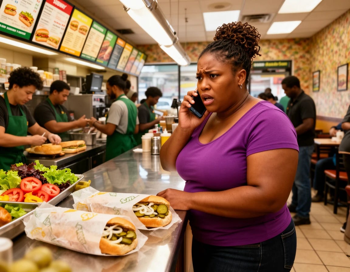 fat black woman calling 911 at Subway sandwiches because they messed up her sandwich order fat black woman calling 911 at Subway sandwiches because they messed up her sandwich order