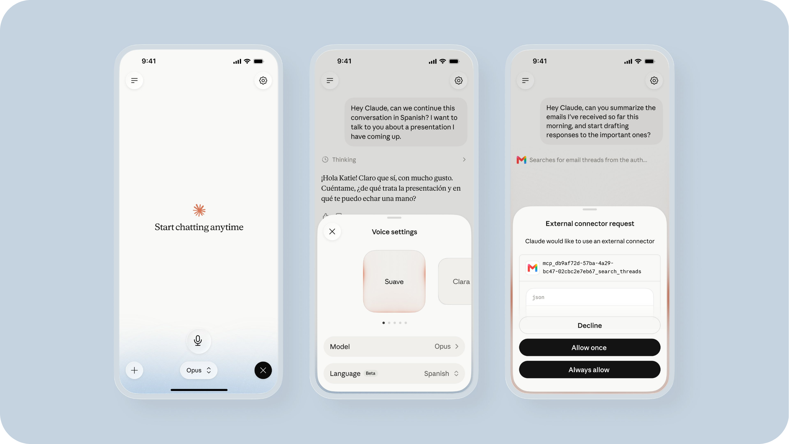 Capturas del modo de voz de Claude con acceso a modelos avanzados