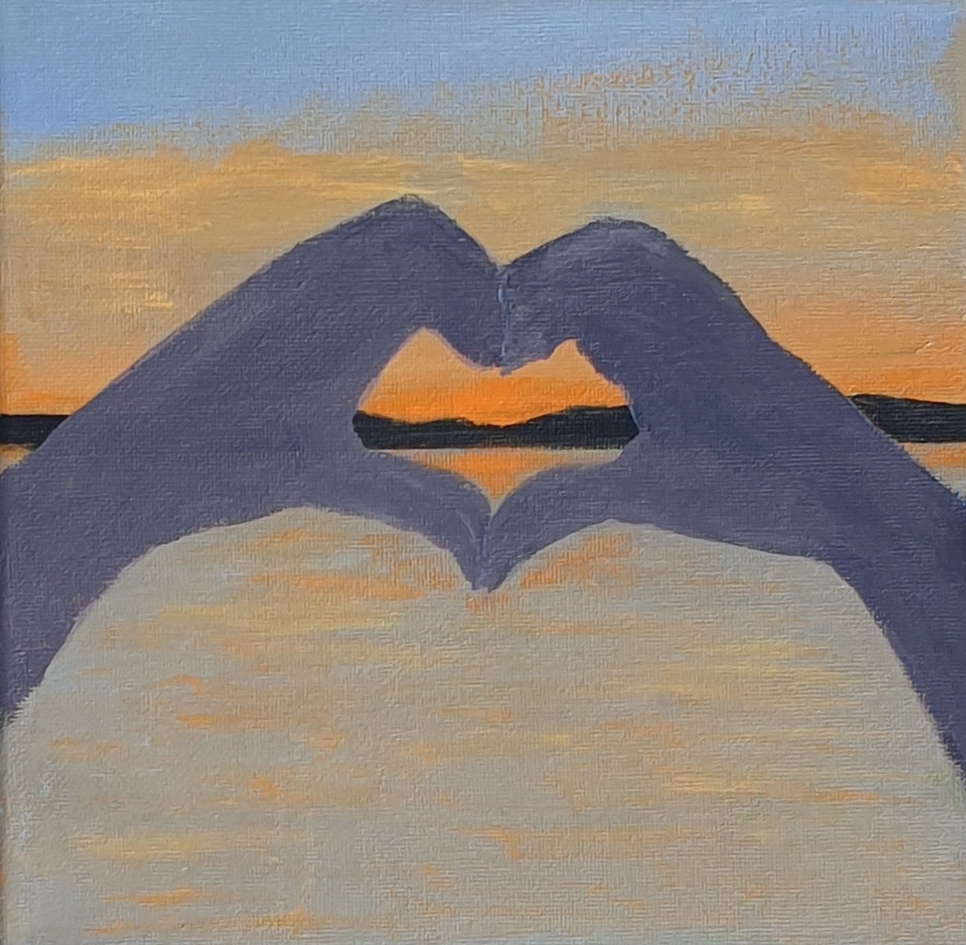 Heart at Sunset Chaser|Acrylic painting of a sunset with heart shaped hands  surrounding the sun| Original Artwork by Julie Westmore |Jwesty Design –  JWesty Design