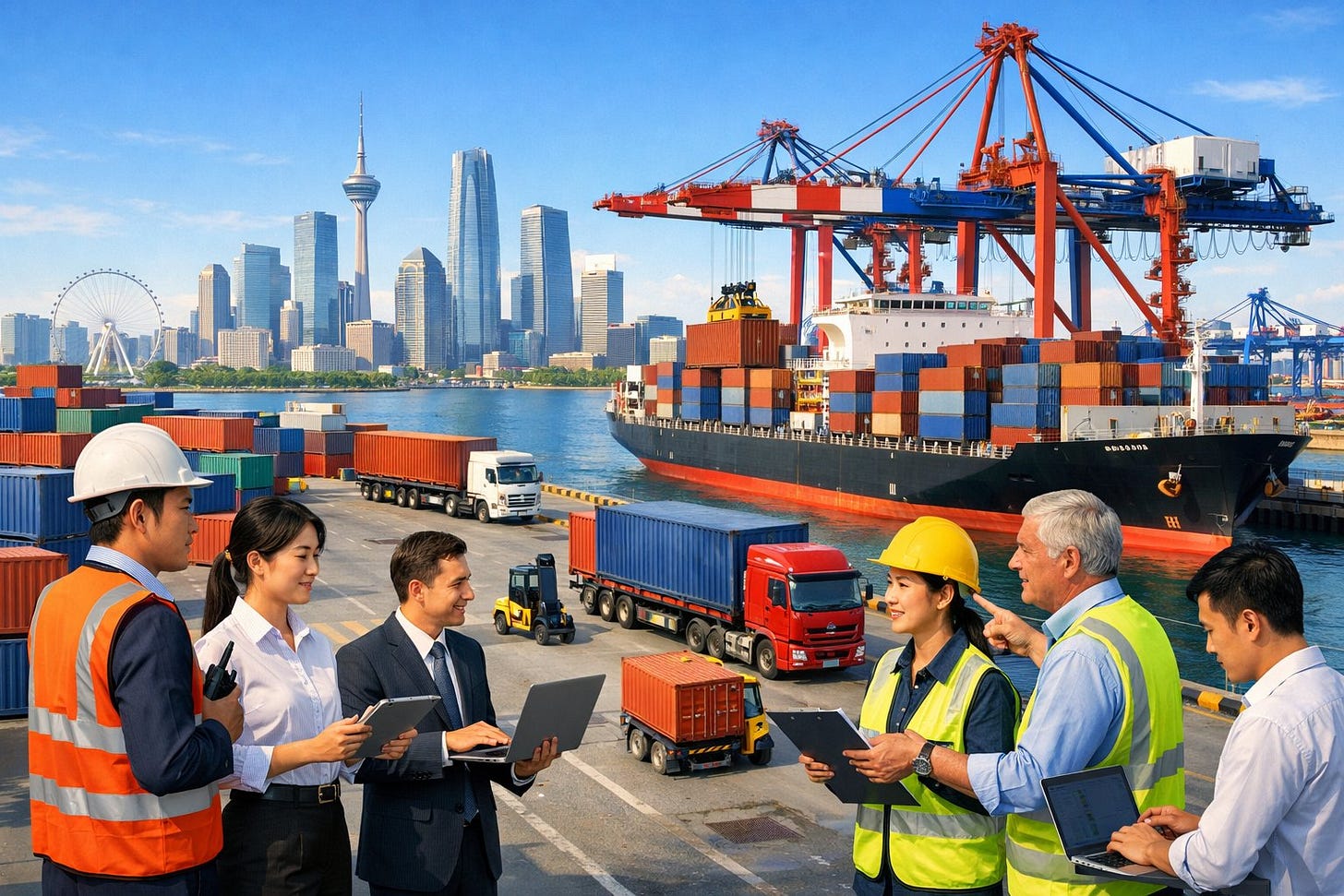 A busy cargo port in Tianjin with shipping containers, cranes, cargo ships, trucks, and logistics workers coordinating freight operations. A busy cargo port in Tianjin with shipping containers, cranes, cargo ships, trucks, and logistics workers coordinating freight operations.