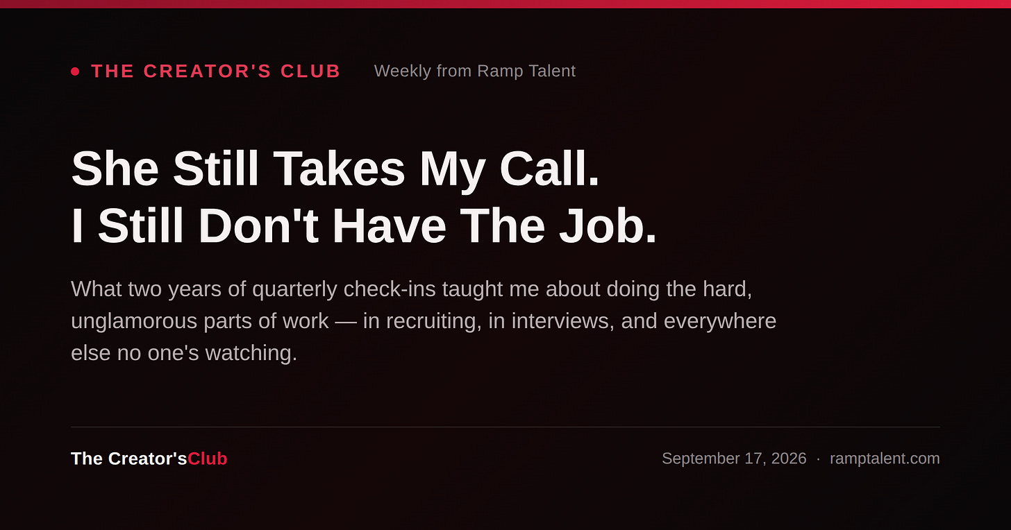 Black and crimson cover graphic for The Creator's Club titled 'She Keeps Taking My Calls. I Still Don't Have The Job.' Black and crimson cover graphic for The Creator's Club titled 'She Keeps Taking My Calls. I Still Don't Have The Job.'