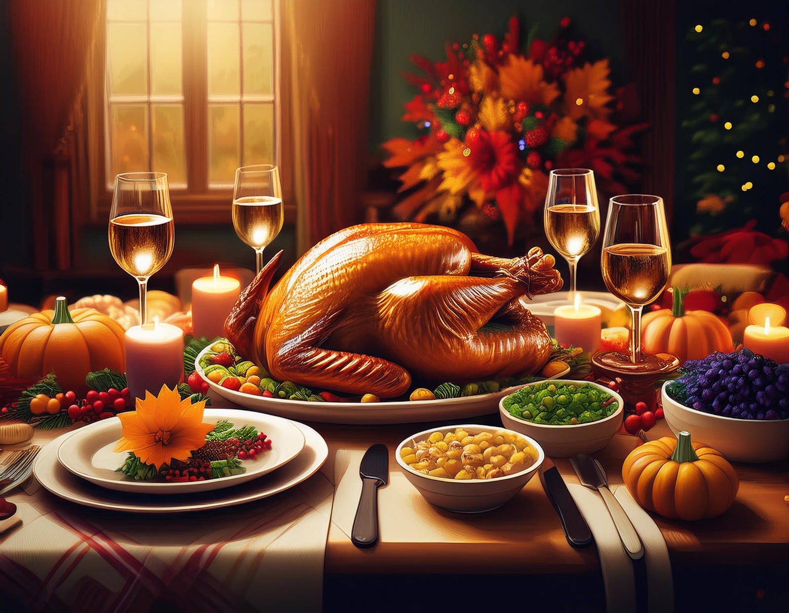 A turkey on a table with food and wine glasses
