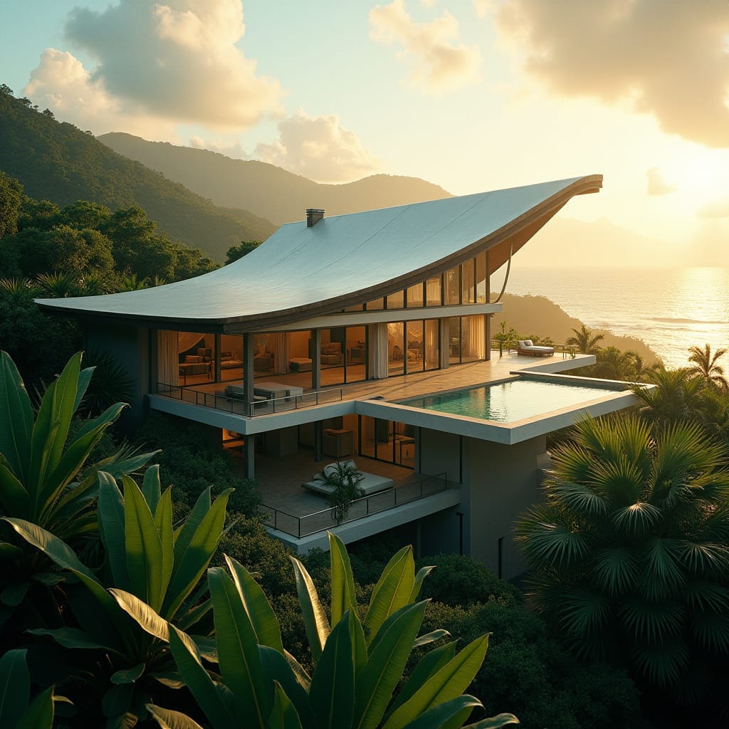 Luxurious modern Jamaican estate with a striking hip roof, set against a breathtaking tropical landscape