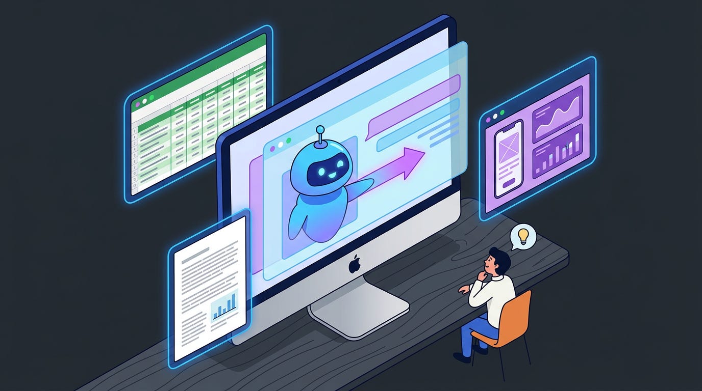 Flat isometric illustration of a desktop Mac displaying a large AI assistant analyzing the screen, with floating windows showing a spreadsheet, design mockup and document, a friendly AI interface pointing toward different elements on the desktop, small user figure sitting beside the computer, dark charcoal background, clean vector art style, bold blue, purple and white accents, modern consumer technology editorial aesthetic Flat isometric illustration of a desktop Mac displaying a large AI assistant analyzing the screen, with floating windows showing a spreadsheet, design mockup and document, a friendly AI interface pointing toward different elements on the desktop, small user figure sitting beside the computer, dark charcoal background, clean vector art style, bold blue, purple and white accents, modern consumer technology editorial aesthetic
