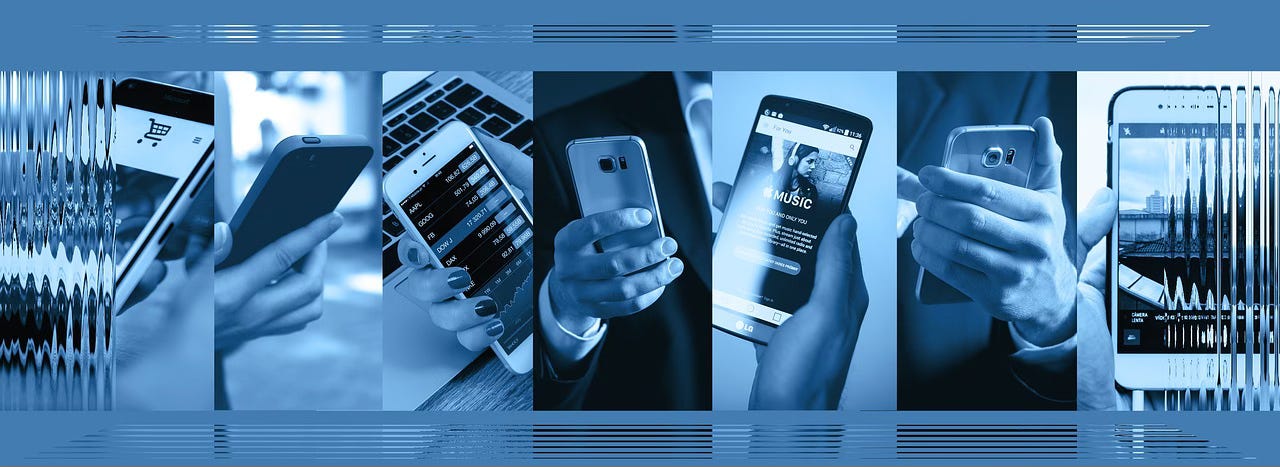 Multiple side-by-side images of smartphones in people's hands, with various screens showing different things like shopping carts to stock market information to music streaming services Multiple side-by-side images of smartphones in people's hands, with various screens showing different things like shopping carts to stock market information to music streaming services