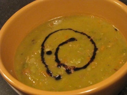 Split-pea soup with smoked turkey and balsamic reduction