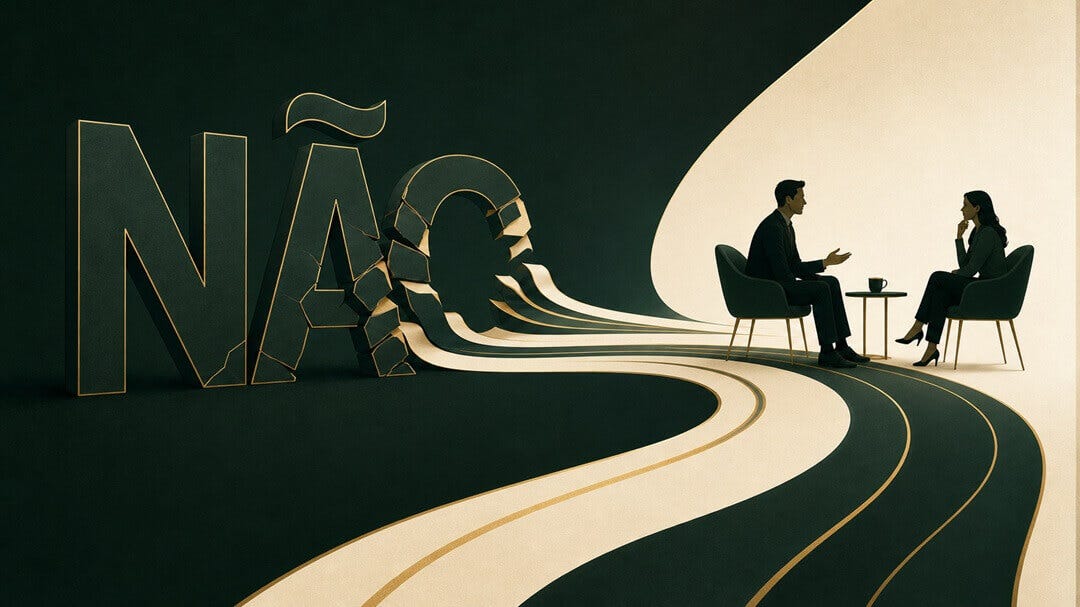 ilustração de um vendedor conversando com uma cliente. Os dois estão sentados e ao fundo tem um grande NÃO escrito. A palavra "não" está começando a desmanchar. ilustração de um vendedor conversando com uma cliente. Os dois estão sentados e ao fundo tem um grande NÃO escrito. A palavra "não" está começando a desmanchar.