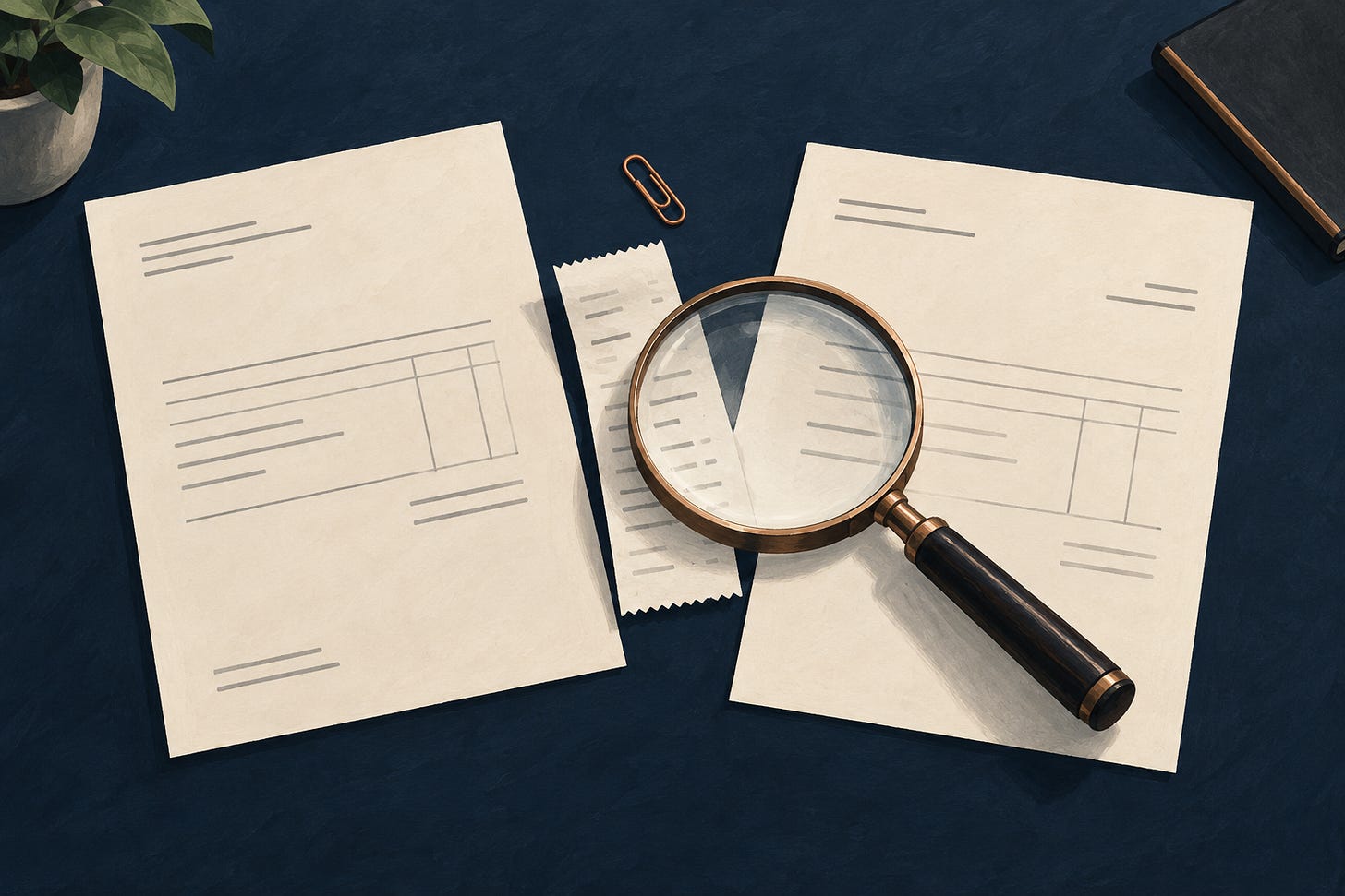 Illustration of a magnifying glass over a receipt and two invoice sheets, with a separate copper paper clip. Illustration of a magnifying glass over a receipt and two invoice sheets, with a separate copper paper clip.