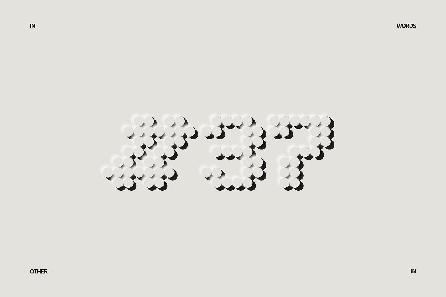 A minimalist, cream-colored digital canvas styled like an embossed museum placard. At the center, the characters #37 are rendered in a pixelated font where each individual pixel is perfectly imitated by a large, raised circular dot. These dots cast soft drop shadows, seamlessly marrying a computational grid layout with the heavy, physical depth of printmaking. The words IN, WORDS, OTHER, and IN are subtly typeset in a clean sans-serif font in the extreme corners of the frame. Part of the In Other Words series at The Subtext Review.