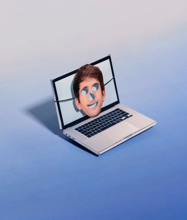 A photo illustration shows a laptop with a mask of a face over the screen against a blue background.