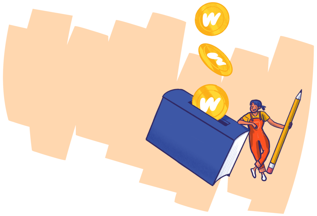 An illustration of a writer getting paid in gold coins