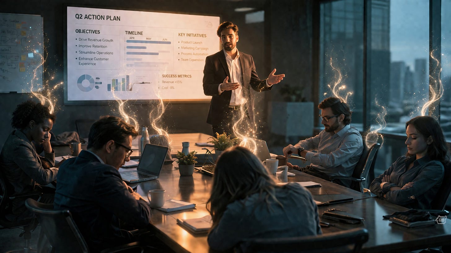 A semi-realistic cinematic office meeting scene showing a manager presenting a structured action plan on a screen while disengaged team members sit around a conference table. The manager is well-lit and confident, while employees display subtle signs of burnout and low engagement, including slouching, checking time, and avoiding eye contact. Soft glowing particles rise from each team member, symbolizing fading energy and disengagement. The scene uses warm lighting around the manager and cool desaturated tones around the team, highlighting the contrast between leadership activity and team disconnect.