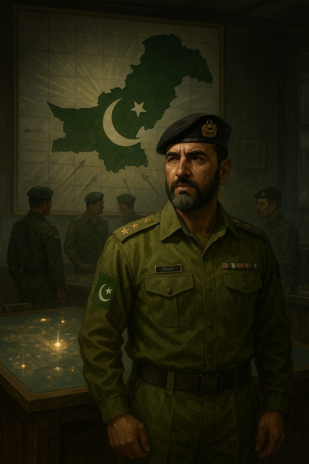 "Pakistani military commanders analyzing a battlefield map under a national flag inscribed with 'Bunyan al Marsous' during the 2025 conflict."