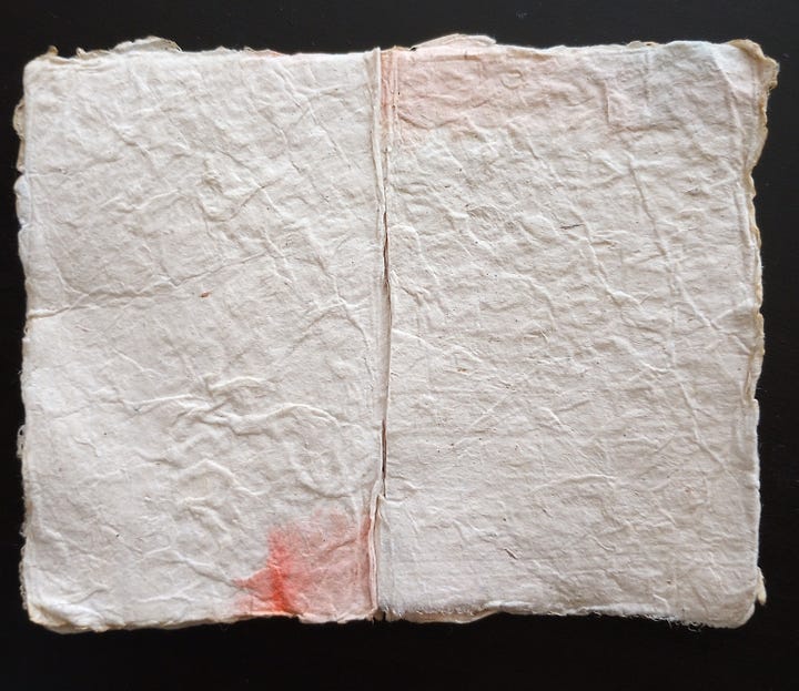 Two photos, one of the front cover of the book, which has a black "slot" drawn on the front in ink, surrounded by wavy lines. The second photo is of the interior of the book's blank pages, with some pale pink ink stains in it.