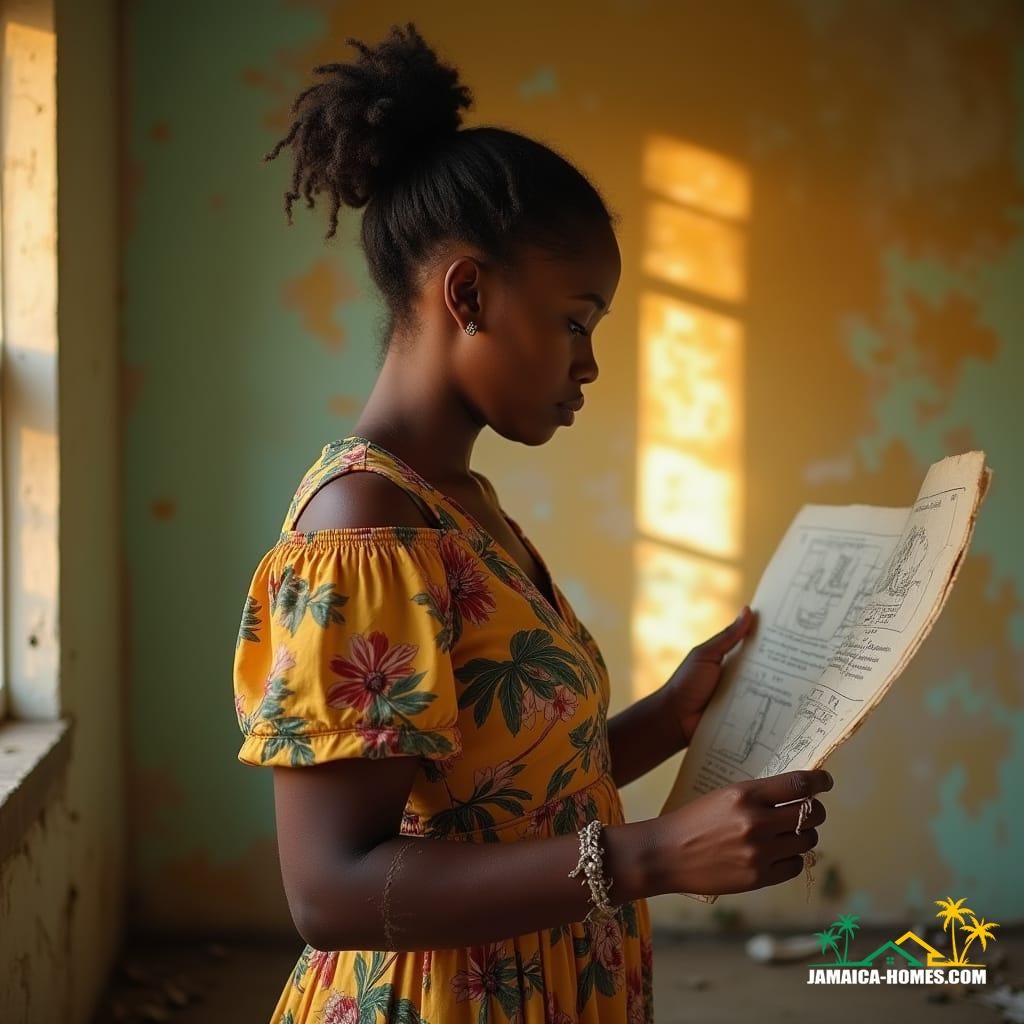 A beautiful black woman, adorned in a vibrant floral print dress, her dark hair tied back in a stylish knot, stands amidst the warm, golden light of a Jamaican Caribbean home, preparing for renovation. She holds a dusty old blueprint, her hands worn from labor, as she surveys the space with a mix of determination and nostalgia. The walls, once a soft pastel hue, now cracked and faded, seem to whisper stories of memories past. The air is thick with the scent of aged wood and the distant tang of saltwater. Cinematic lighting casts dramatic shadows, as if the very house itself is a character, its nooks and crannies telling tales of love, laughter, and tears. Shot on V-Raptor XL, the image exudes a filmic quality, with a subtle grain and vignette that draws the viewer in. Color graded to evoke the warmth of a Caribbean sunset, the post-processing masterfully enhances the textures, making the image feel almost tactile. Influenced by the cinematic styles of Gordon Parks, Ava DuVernay, and Bradford Young, the photograph is a masterpiece of atmosphere and mood, an epic and stunning portrayal of the human spirit, frozen in a moment of quiet contemplation.