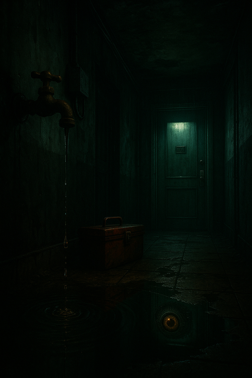 Imagedim, rain-soaked basement with a broken tap dripping into a metal sink. A toolbox sits open on the floor and the faint reflection of a large mechanical eyeball glows in a puddle nearby.”