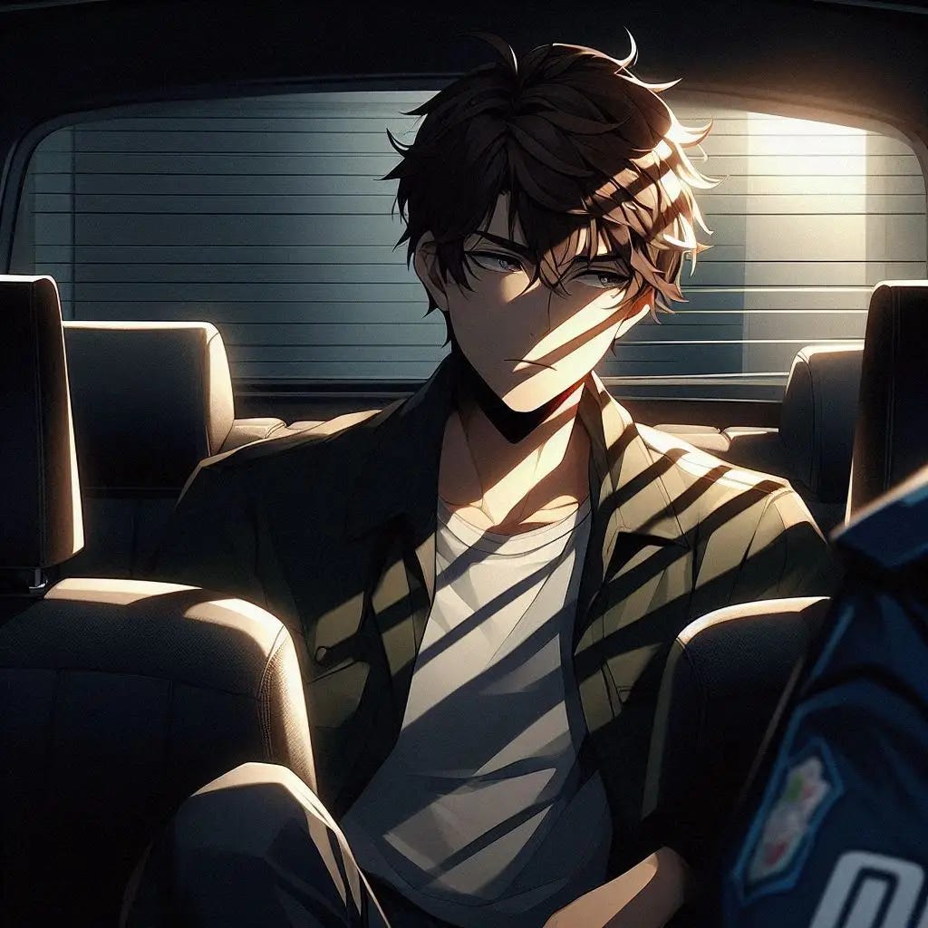 a young man with brown hair sitting in the back of a cop car. anime art style. dark.