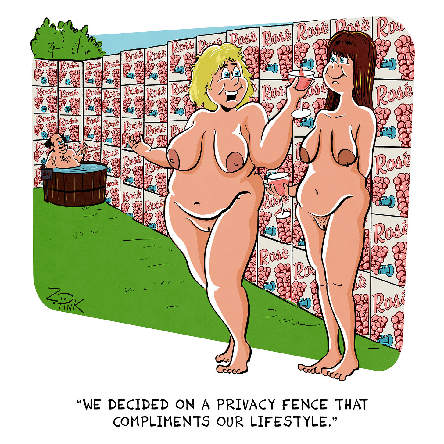 The scene is outdoors in a suburban backyard. Two women are standing in the foreground, speaking to one another. In the background a man is soaking in a hot tub. Everyone is completely naked. Surrounding the whole scene is a large privacy fence, except - and this is the funny part - the fence is made entirely of boxes of sine, stacked one on top of the other. One of the women is filling her glass with Rosé from one of these boxes and speaking. The caption reads “We decided on a privacy fence that compliments our lifestyle.” And really, who doesn’t love a nice Rosé?