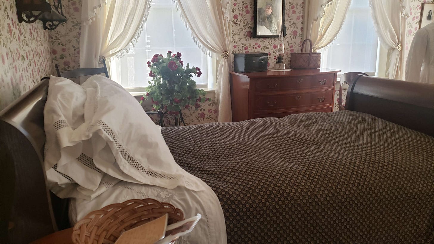 Emily Dickinson’s bed, a single bed dressed in white linens with two pillows and a brown coverlet with small circles of blue and white. Two windows to the left are bright with light. In one some geraniums. Between the windows a dresser with a small mirror above. At the foot of the bed the form with Emily's white dress. The wall paper is packed with deep pink roses. 